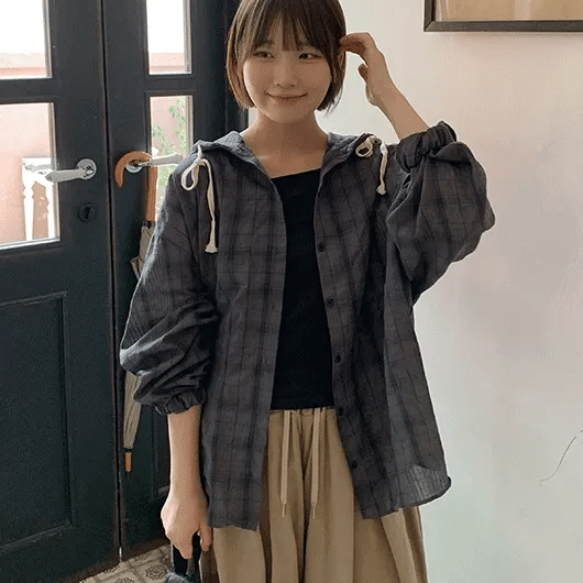 Henma Check Hooded Long Sleeve Shirt