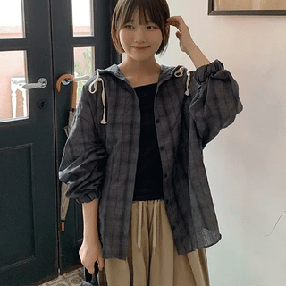 Henma Check Hooded Long Sleeve Shirt