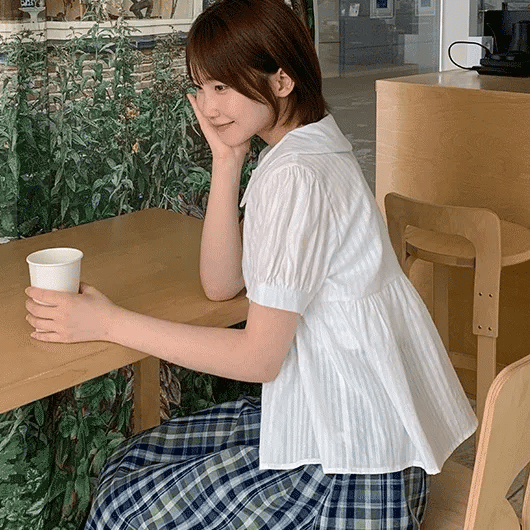 Kicon Round Shirred Short Sleeve Blouse