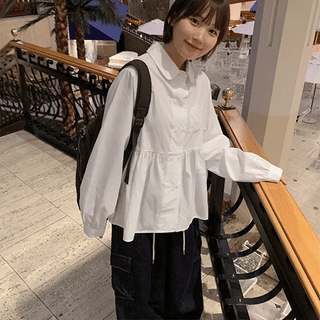 Vilter Collar Button Shirred Long Sleeve Blouse