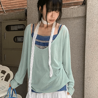 Levui Summer See-through V-Neck Layered Long Sleeve Tee