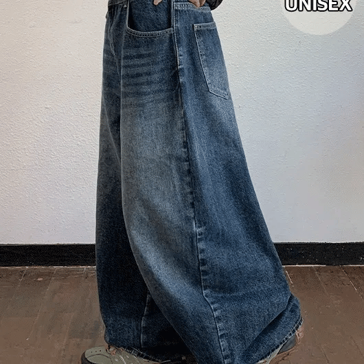 Creon Washed Denim Elastic Waist Balloon Wide Pants