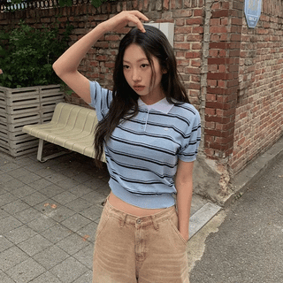 Pendant striped color-block short-sleeve knit