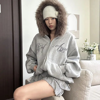 fur two-way hooded zip-up