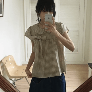 Meba Check Ribbon Short Sleeve Blouse
