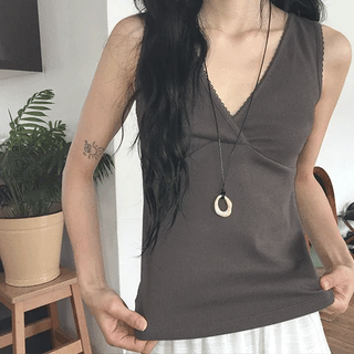 Ichi Deep V-Neck Lace Ribbed Wrap Sleeveless