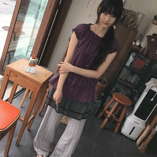 Hachika Vintage Shirred Cap Sleeve Blouse