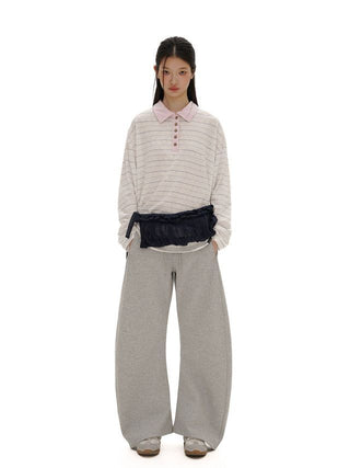 [Moromoro2] Striped Polo Long Sleeve Tee with Star  Buttons