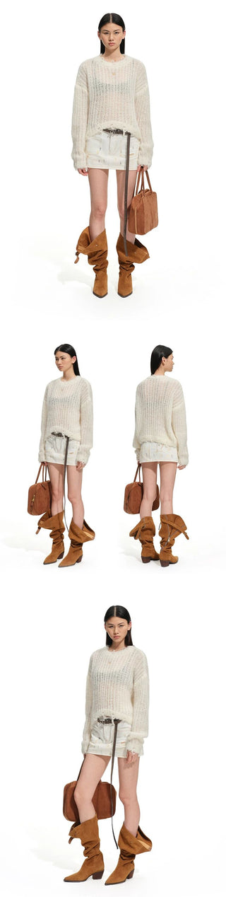[NOTAWEAR] Mohair Blend Open Knit Distressed  Sweater