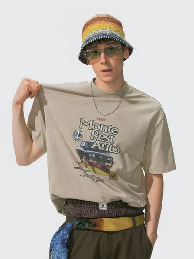 [Monterest] Washed Cotton Racing Print T-Shirt