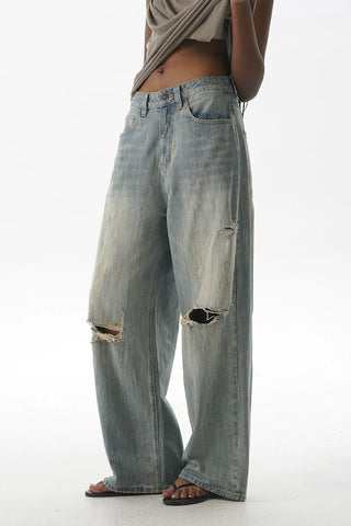 [MASONPRINCE] Washed Distressed Wide Leg Jeans