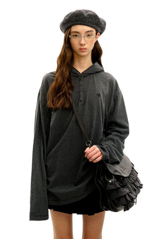 [Moromoro2] Striped Henry Collar Hooded Long Sleeve  Tee