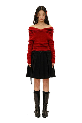 [Moromoro2] Ribbon Slit Pleated Skirt