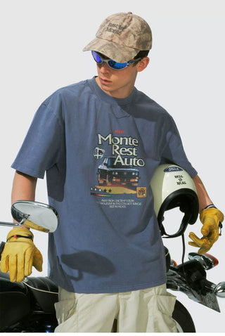 [Monterest] Washed Cotton Racing Print T-Shirt
