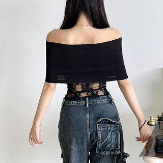 Hoodie lace hollow out off shoulder 2-way cut out top