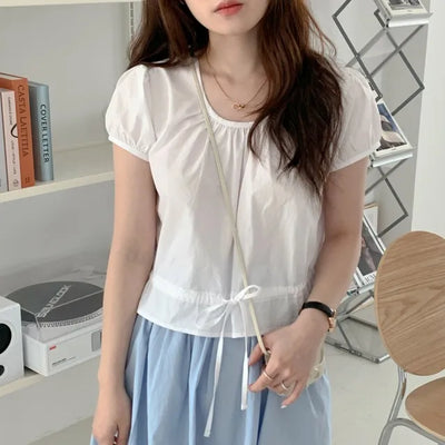 Ronin Ribbon Shirring Short-Sleeve Cropped Blouse