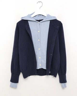 Layered knit hooded cardigan
