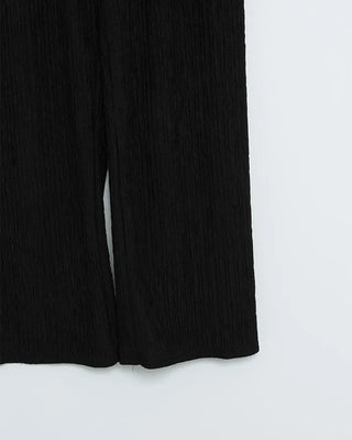 High-neck frilled neck and wide-leg pants set