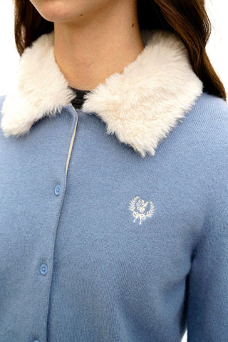 [Moromoro2] Faux Fur Collar Logo Knit  Cardigan