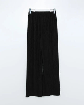 High-neck frilled neck and wide-leg pants set