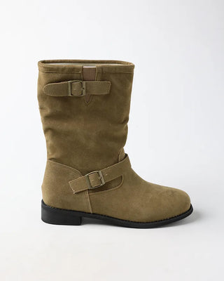 Belt-point mid-calf boots