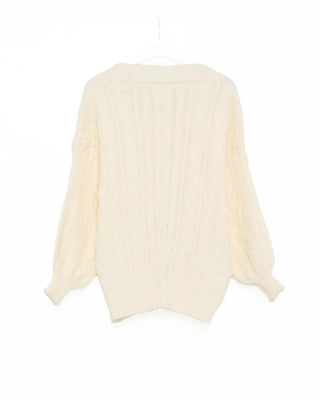 V-neck Cable Balloon Sleeve Long Knit