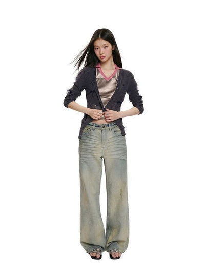 [Moromoro2] Washed Pleated Wide Leg Jeans