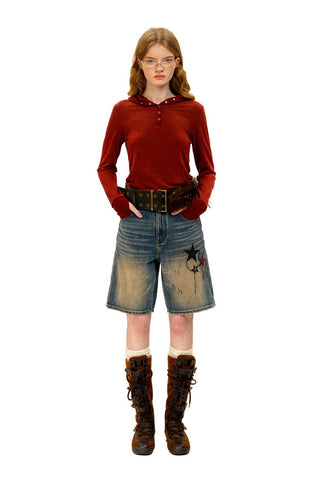 [Moromoro2] Star Plaid Patch Washed Straight  Jeans