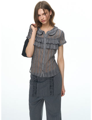 [NECY] Purple Grey Ruffle Plaid Shirt