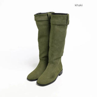 Belted suede long boots