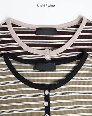 Striped Henley Neck Long T-Shirt
