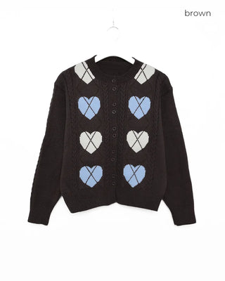 Heart Argyle Round Neck Cardigan