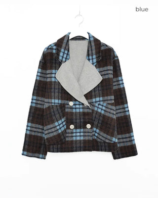 Wide-neck check double-breasted jacket