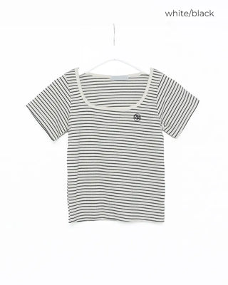 U-neck striped half-sleeve T-shirt
