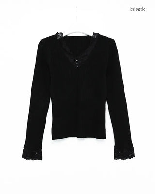 V-neck lace-point knit