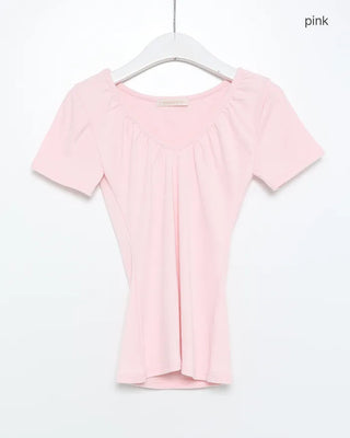 V-neck shirred short-sleeved T-shirt