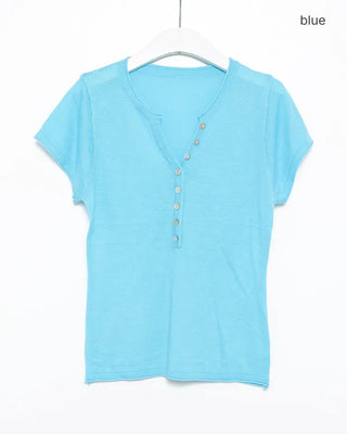 Henley Neck Button Point Half T-Shirt