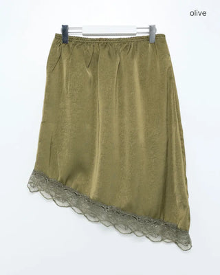 Satin lace detail midi skirt