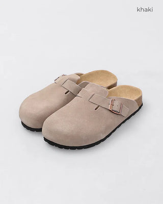 Suede texture buckle mules