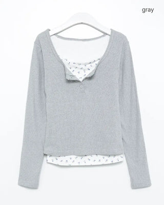 Lace Flower Layered Henley Long T-Shirt