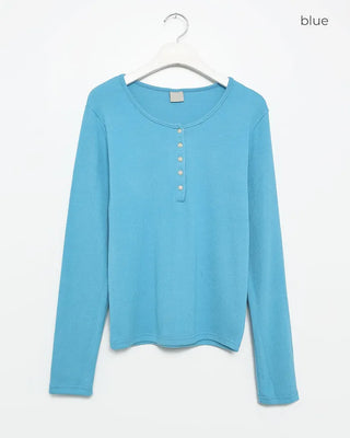 Henley neck long-sleeve T-shirt