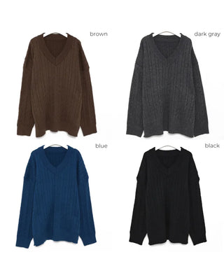 Cable knit oversized V-neck sweater