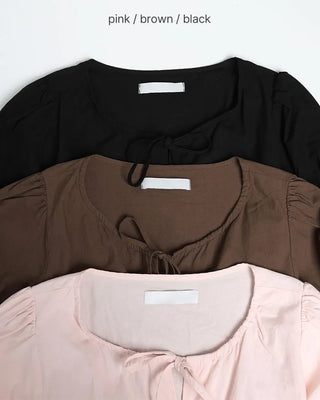 Pintuck puff sleeve ribbon tie blouse