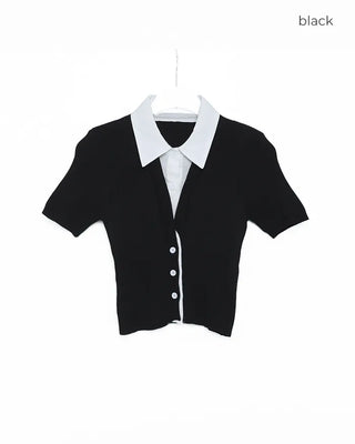 Shirt-layered short-sleeved cardigan