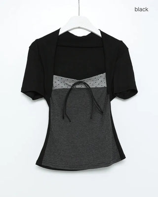 Polka Dot Front Ribbon Bolero Short-Sleeve T-Shirt