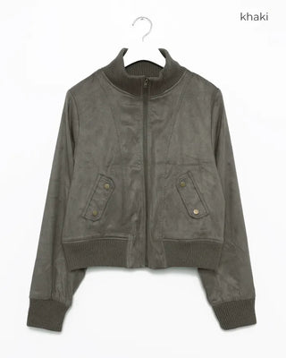 Ribbed High-Neck Suede Zip Jacket