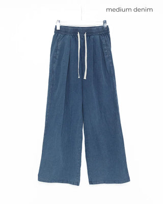 Denim wide-leg pants with elastic waistband and drawstring
