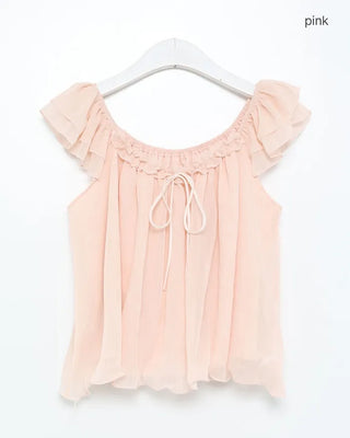 Frilled ribbon chiffon off-shoulder blouse