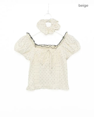(Set) Polka Dot Puff Blouse and Scrunchie