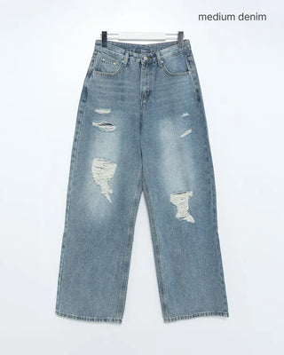 Distressed wide-leg denim pants